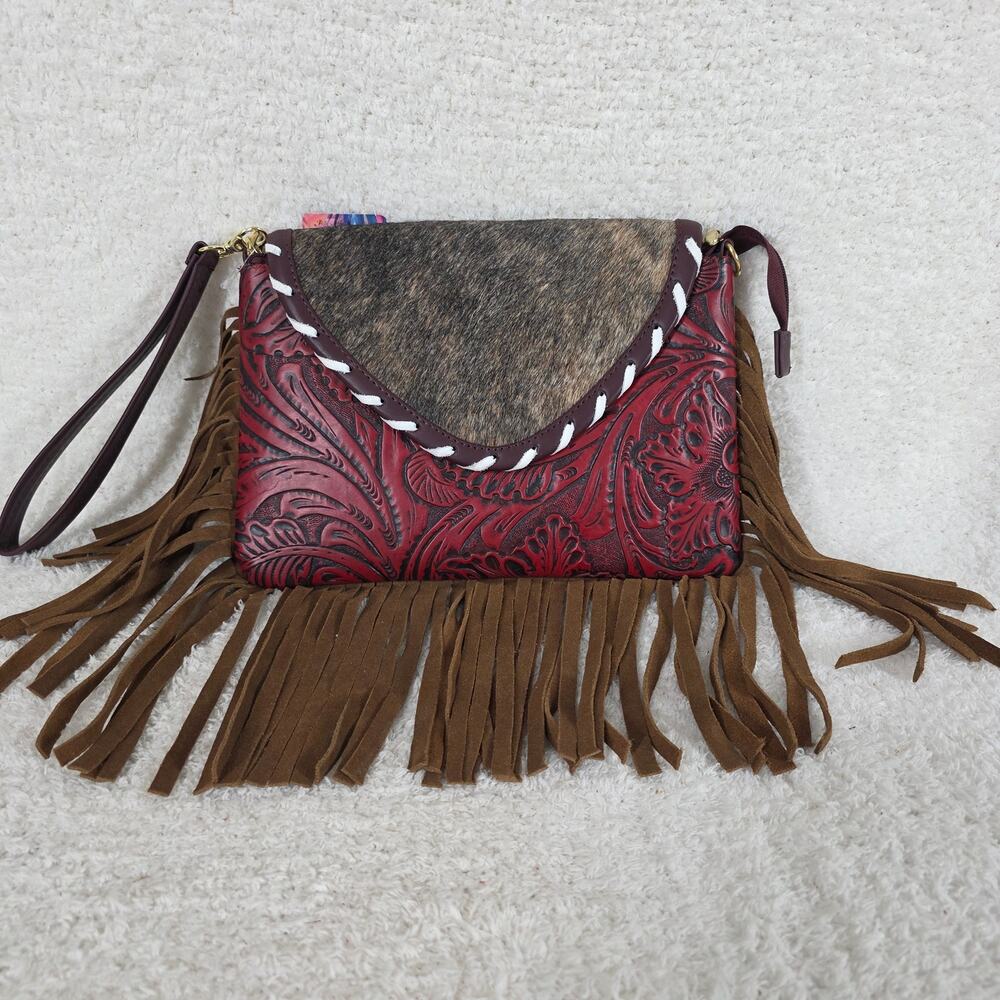 Mexican Red Floral Embossed Tooled Leather & Cowhide Fringe Crossbody Bag 2